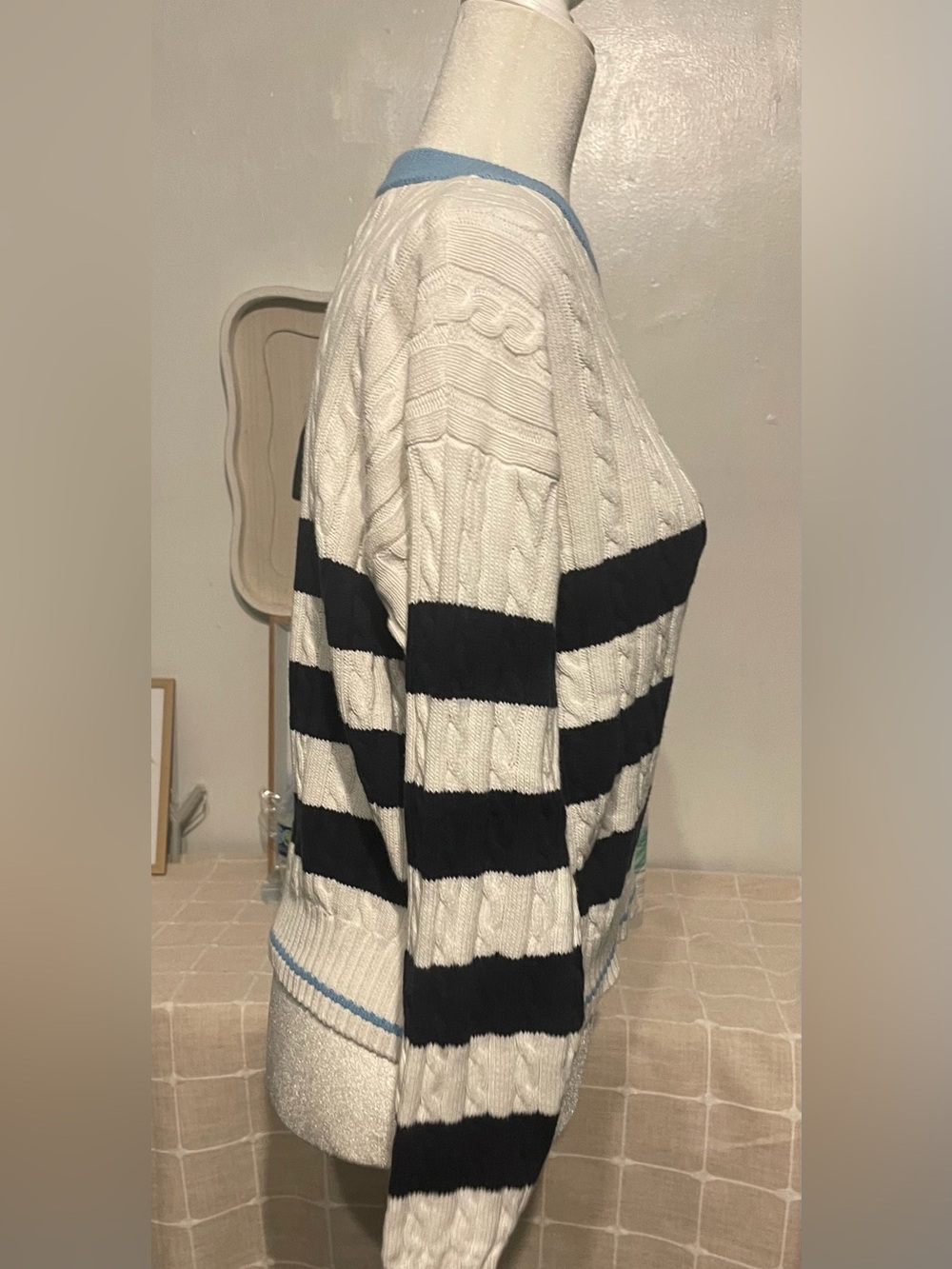 all in motion White Cable-Knit Sweater with Light Blue Trim - Picture 3 of 9